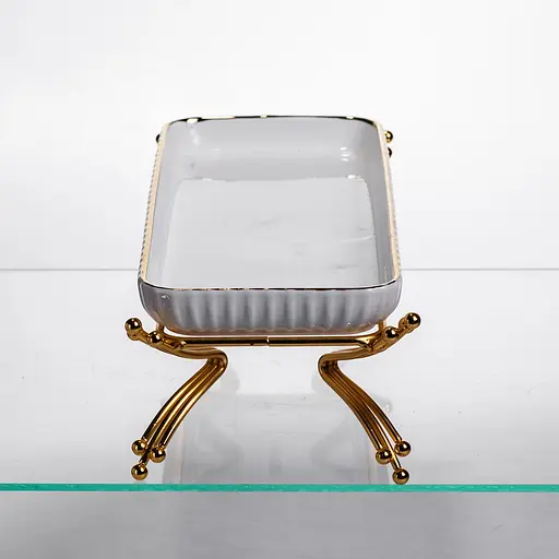 Фарфоровое сервировочное блюдо на металлической подставке 29.5×12×9 (см) блюдо для подачи закусок Белый с золотом Yiwu LB-1565G - фото 4