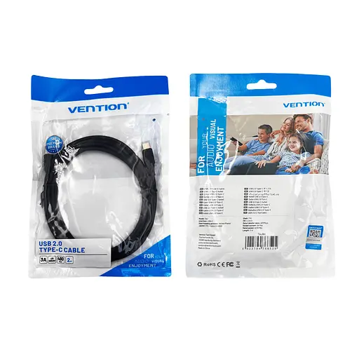 Кабель Vention Nylon Braided USB 2.0 C Male to C Male 3A Cable 2 м чорний LED Type (TAUBH) - фото 2