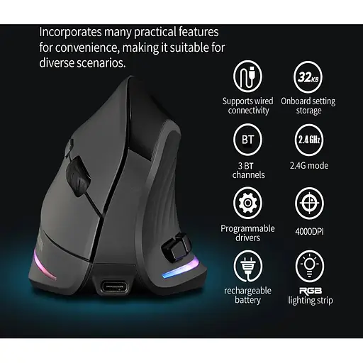 Вертикальна миша бездротова Zelotes F-35C з акумулятором RGB підсвічуванням 2.4G Bluetooth Black - фото 6