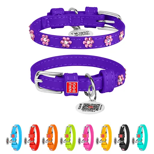 Нашийник для собак шкіряний Waudog Glamour з QR-паспортом з клейовими стразами "Квіти" Ш 9 мм Д 18-21 см фіолетовий - фото 2