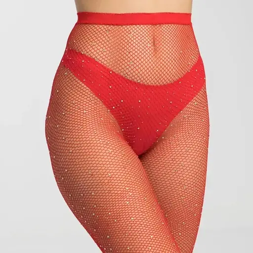 Колготки в сітку з блискітками червоні. - фото 1