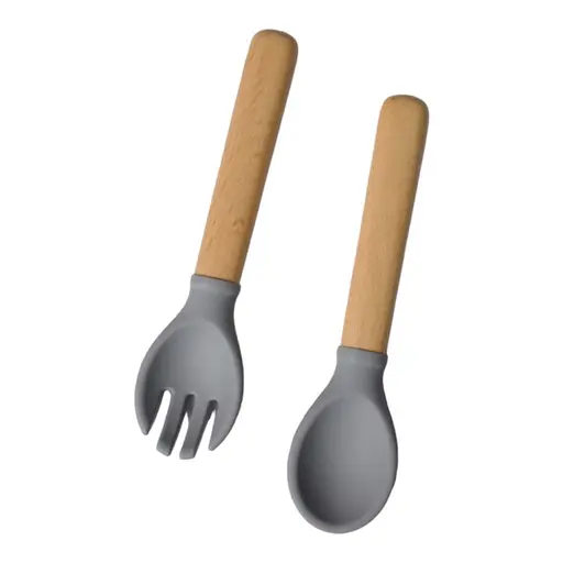 Приборы силиконовые детские OldBro ложка и вилка с деревянной ручкой, grey - фото 1