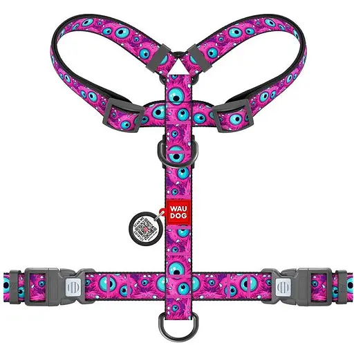 Шлея для собак Waudog Nylon анатомічна H-подібна з QR-паспортом, малюнок "Око монстра", пластиковий фастекс, M - фото 2