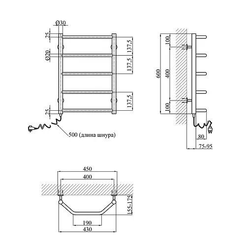 Рушникосушарка електрична Kroner Трапеція ДТEL 600x400/5 EL CV026132, Хром, Ліве - фото 2