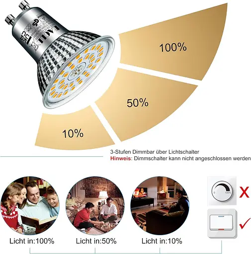 Светодиодные лампы EACLL GU10 3-ступенчатое затмение 3-яркость, 10 Вт 3000 K теплый белый, пачка из 6 штук, 940 lm эквивалент 125 W - фото 2