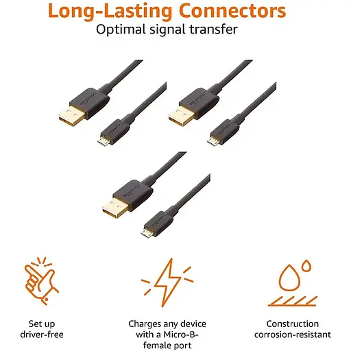 Кабель Amazon Basics USB 2.0 A Micro B 0.9 м черный 3 шт. - фото 3