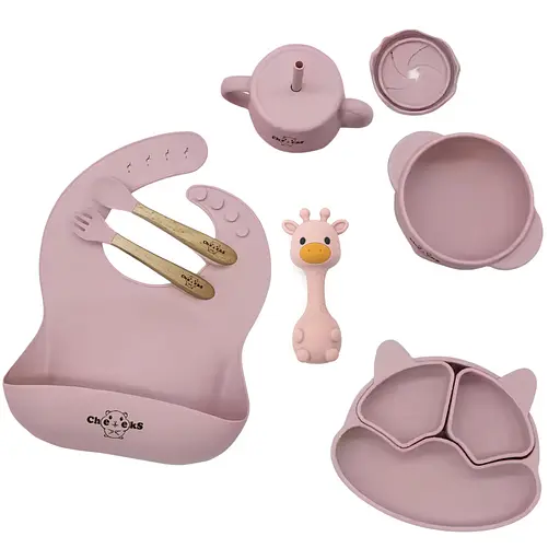 Набор детской силиконовой посуды Cheeks для прикорма на присосках из пищевого силикона нежно розовый с грызунком прорезывателем-погремушкой  Жираф