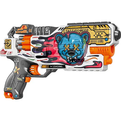 Игрушечный детский пистолет автомат. барабан на батарейках с мягкой. патронами Бешеное Медвежонок (24 шт.) (34х21см) - фото 1