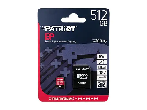 Карта памяти MicroSDXC 512GB UHS-I/U3 Class 10 Patriot EP A1 R90/W80MB/s + SD-adapter (PEF512GEP31MCX) - фото 2