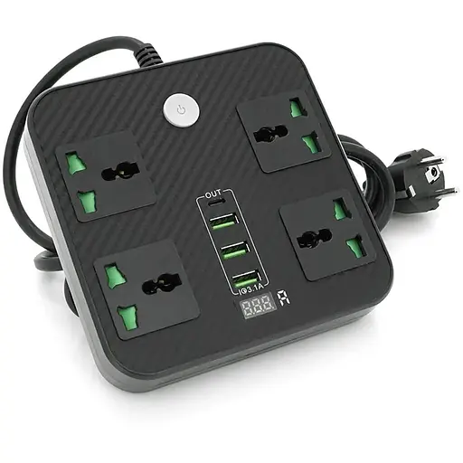 Мережевий фільтр ТВ-Т90, 4 розетки + 3 USB, 2 м, перетин 3х0, 75мм, 3000W, Black, Box