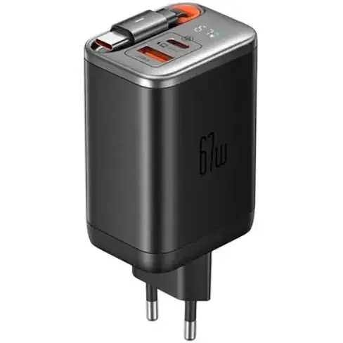Мережевий зарядний пристрій McDodo 67W 1C+1A Digital Display GaN Charger Built-in 65cm retractable USB-C Cable(EU) Чорний - фото 1