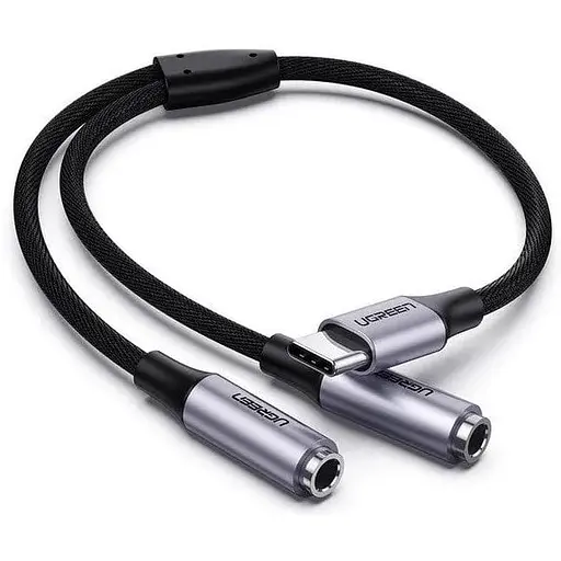 Аудио кабель Ugreen AV144 USB Type C Male to 3.5 мм 2 Female Audio Cable 25 см серебристый 30732 - фото 1
