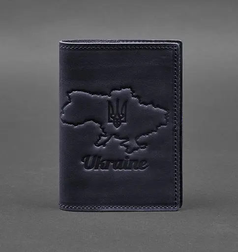 Кожаная обложка для паспорта с картой Украины синий Crazy Horse - фото 1