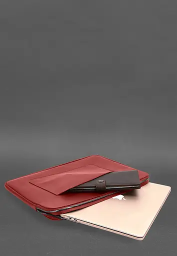Кожаный чехол BlankNote для ноутбука на молнии с хлястиком и карманом Красный - фото 6