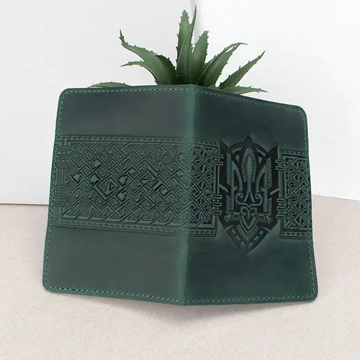 Обложка на паспорт кожаная с гербом HC0075 зеленая патриотичная - фото 2
