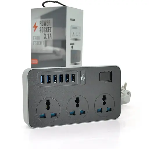 Мережевий фільтр ТВ-Т09, 3 розетки + 6 USB, 2 м, перетин 3х0,75мм, 3000W, Black-grey, Box