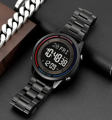 Часы мужские наручные спортивные Skmei 2412 со стальным браслетом (Черный) - фото 2