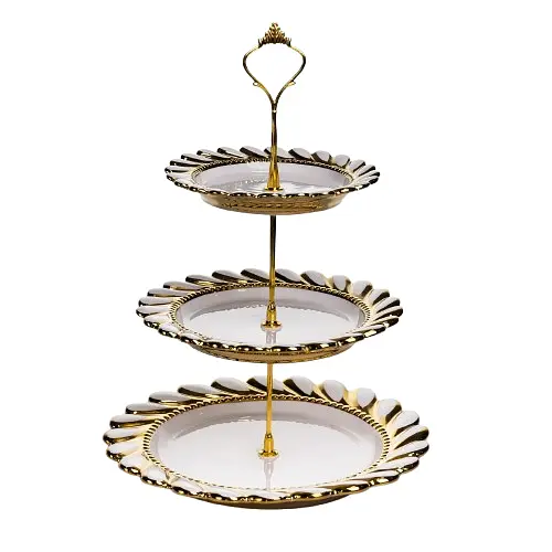 Фруктовница круглая Yiwu Tiffany трехярусная для сервировки фруктов и сладостей 25х33 см фарфоровая стойка для закусок бежевая ML2085 - фото 1