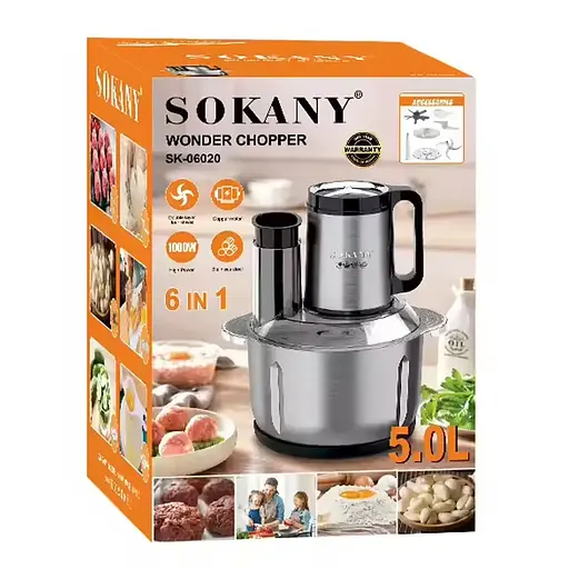 Многофункциональный блендер-измельчитель Sokany SK-06020, 6в1 чаша 5 л 1000 Вт сталь - фото 5