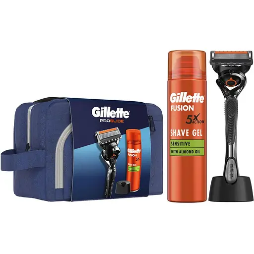 Подарочный набор: Станок для бритья мужской Gillette ProGlide с 1 сменным картриджем + Гель для бритья Gillette Fusion5 для чувствительной кожи 200 мл + Подставка + Косметичка - фото 1