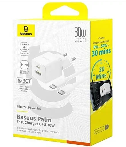 Швидке зарядне з кабелем Baseus Palm Fast Charger C+U 30 W + Cable Type-C to Type-C P1011160A213-01 Біле - фото 4
