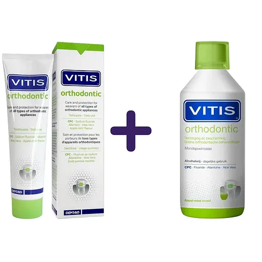 Набір: зубна паста Vitis Orthodontic 100 мл + ополіскувач для ротової порожнини Vitis Orthodontic 500 мл  - фото 1