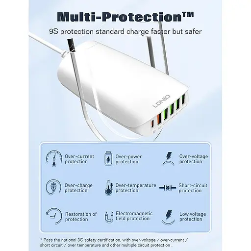 Зарядное устройство адаптер 6 портов Ldnio A6573C 5 USB + 1 Type-C 65 ВТ - фото 5