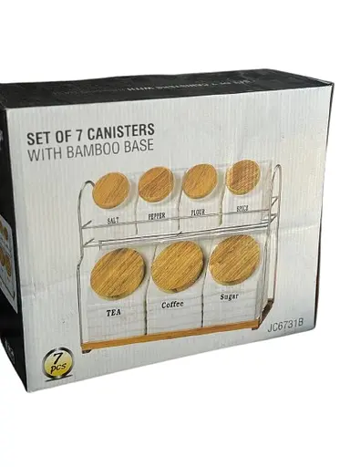 Набір банок порцелянових A-Plus 6731 на металевій підставці  бамбукові кришки 8 предметів Білий - фото 6