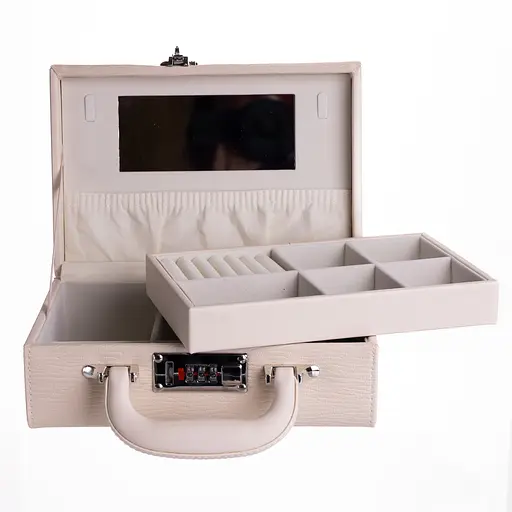 Скринька для прикрас екошкіра 2 яруси з кодовим замком 24×16×9.5 см органайзер для прикрас Бежевий Yiwu HP-5-24BE - фото 4