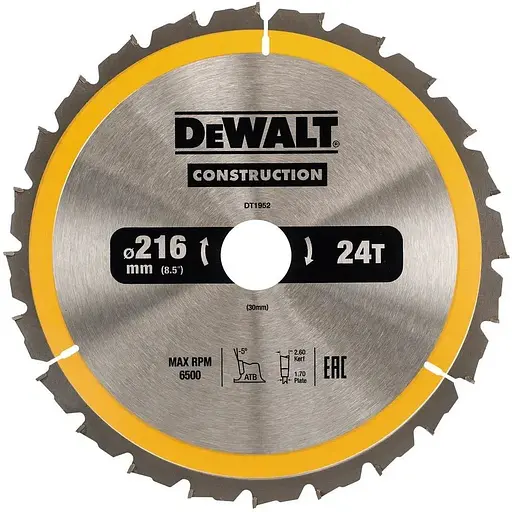 Диск пильный DeWalt Construction 216 х 30 мм 24 зуба (DT1952)