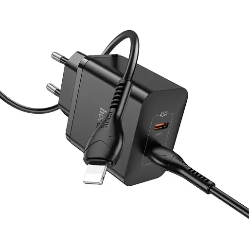Мережевий зарядний пристрій Hoco N35 2 Type-C PD 45W чорний + кабель Type-C to Lightning - фото 1