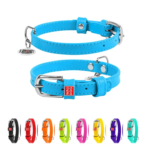 Ошейник для собак кожаный Waudog Glamour с QR-паспортом без украшений S Ш 15 мм Д 27-36 см голубой - фото 2