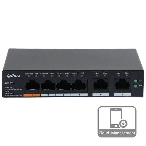 4-портовый гигабитный управляемый PoE коммутатор DH-CS4006-4GT-60 с 4 портами POE 1000Мбит + 2 порта UP-Link 1000Мбит,130x90x26 мм