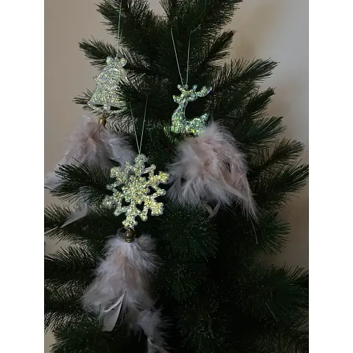 Набор украшений-подвесок Chomik Олень Колокольчик Снежинка с перьями 22 см 3 шт. шампань (5900779855861) - фото 5