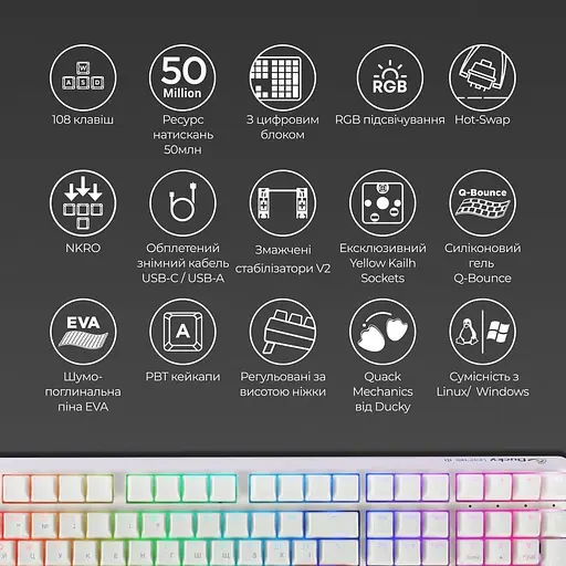 Клавиатура Ducky One 3 TKL Cherry MX Blue RGB White UA (DKON2187ST-CUAPXPWWWSC1) - фото 7