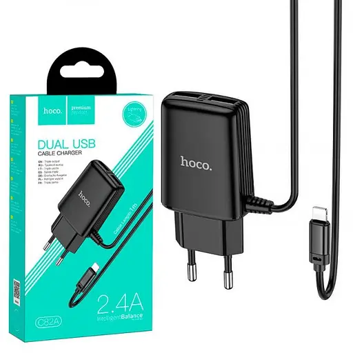 Зарядне з кабелем Мережевий зарядний пристрій Hoco C82A Real power 2USB 2.4A +Lightning - фото 3