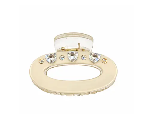 Заколка-крабик овальная 4 см со стразами Fashion пластиковая с пружинным зажимом Молочный - фото 1