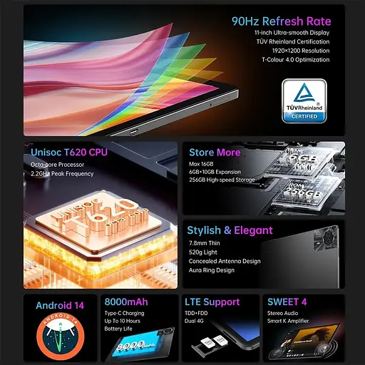 Планшет Teclast T50Plus 11" FHD / 6GB / 256GB / T620 / 8000mAh / LTE / 13+5Mp / Metal / Gray - фото 8