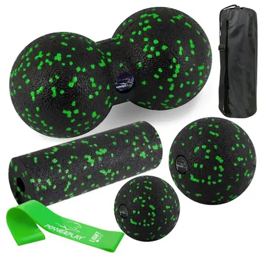 Набір для масажу та йоги PowerPlay PP_4093 EPP (3 м'ячики + валик масажер 15*5,3 см) Green + гумка 5,5 кг (PP_4093_Green) - фото 1