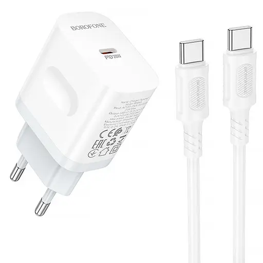 МЗП Borofone BA99A Breeze PD20W (1USB-C) + кабель Type-C to Type-C White