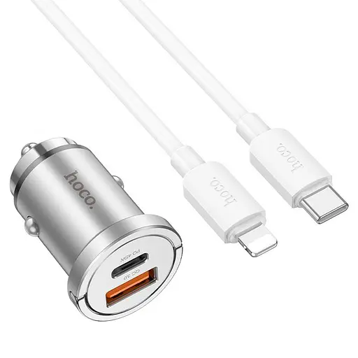 Автомобильный комплект – адаптер и кабель HOCO NZ10 45 W usb-c – lightning серебристый - фото 2