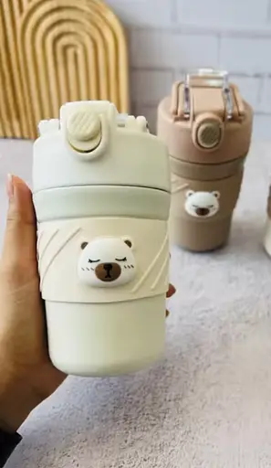 Термос детский  «Cute Bear» поилка с трубочкой нержавеющая сталь 420 мл Бежевый - фото 4