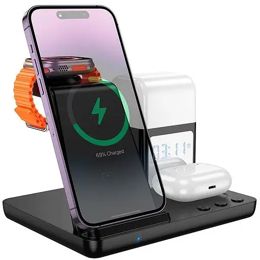 Зарядка Qi HOCO Crown 3-in-1 night light Wireless Fast Charger with clock clock |15W| - фото 1