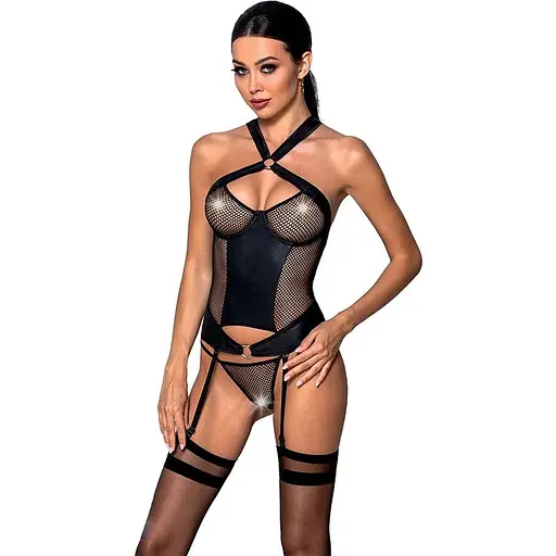 Сітчастий комплект корсет з халтером знімні підв'язки та трусики Passion Amanda CorSet black L/XL