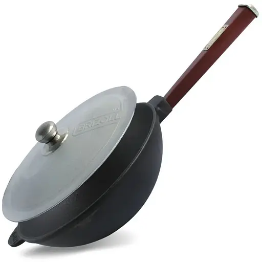 Сковорода чавунна Brizoll з дерев`яною ручкою Бордо та алюмінієвою кришкою WOK 2,2 л - фото 1