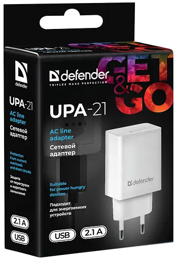 Зарядний пристрій 1xUSB 2.1A UPA-21 білий Defender - фото 3