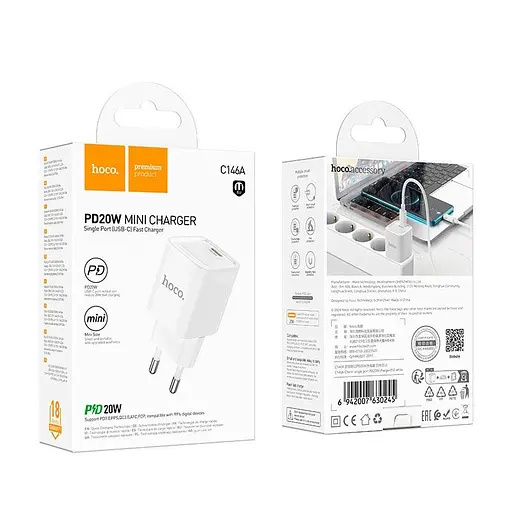Адаптер сетевой HOCO Charm single port PD charger C146A | 1Type-C, 20W/3A, PD/QC| - фото 2