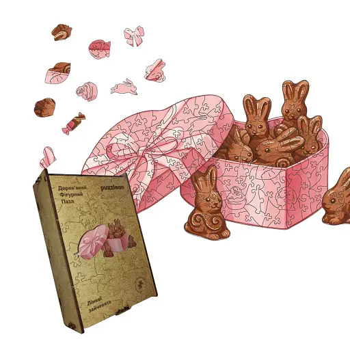 Деревяний фігурний пазл Шоколадні Зайченята, А4, Деревяна коробка 100 елементів