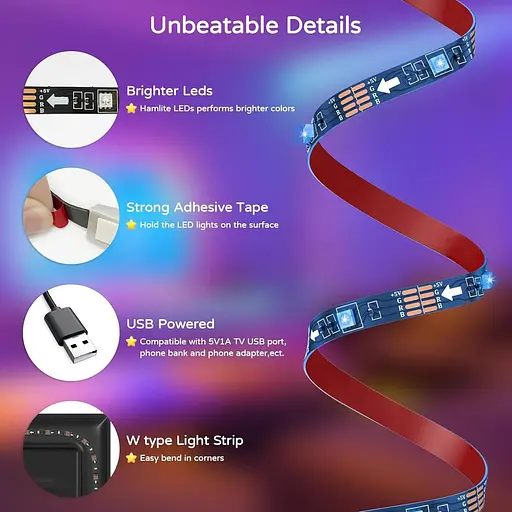 Освітлення для телевізора Hamlite TV Backlight 70, 75, 80, 82-дюймове, USB-світлодіодна стрічка для освітлення телевізора - фото 4