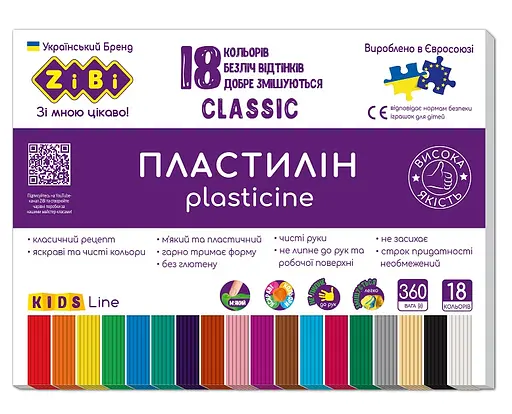 Пластилин Classic KIDS Line, 18 цветов, 360 г, ZB.6235